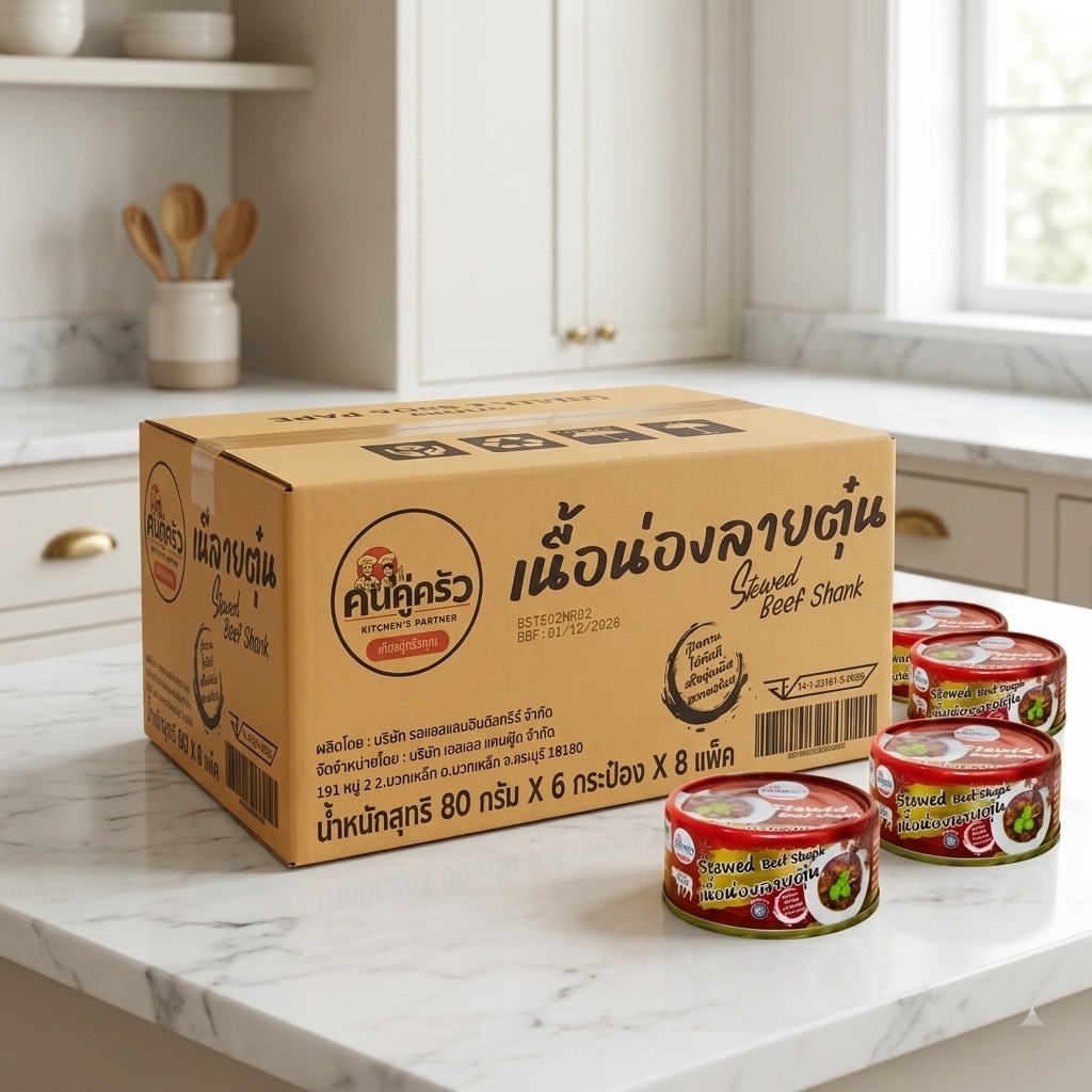 Khon Khu Krua stewed beef shank export carton on a kitchen counter, with four cans beside it