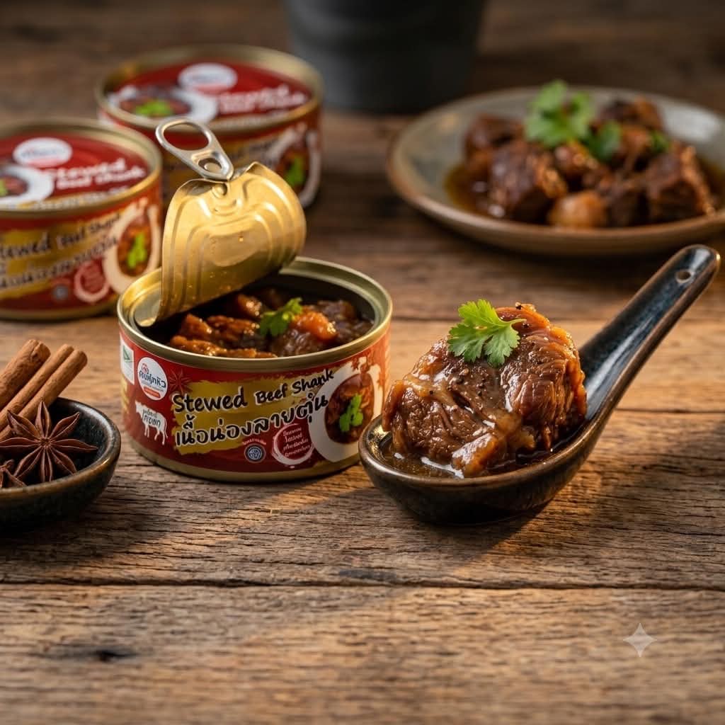 Open can of Khon Khu Krua stewed beef shank on a wooden table, with a spoon of the meat, star anise, and cinnamon