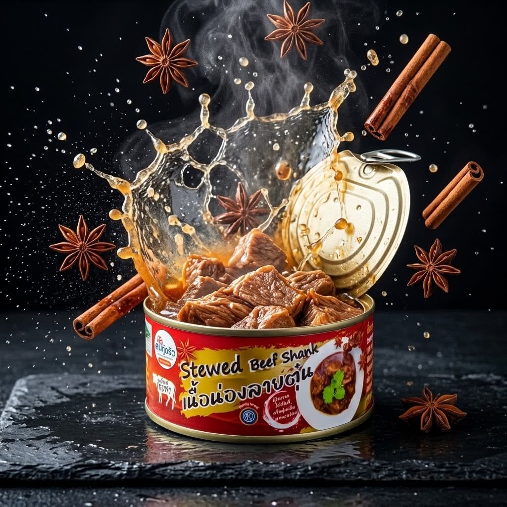 Open can of Khon Khu Krua stewed beef shank with a splash of sauce, star anise, and cinnamon